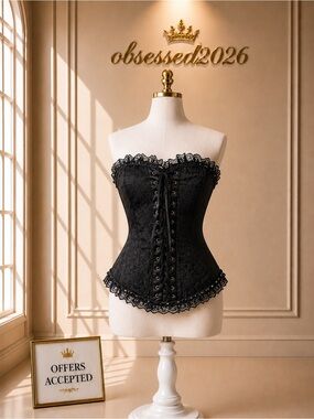 Black Lace-Up Corset Bustier Gothic Top Side Zip 🖤
